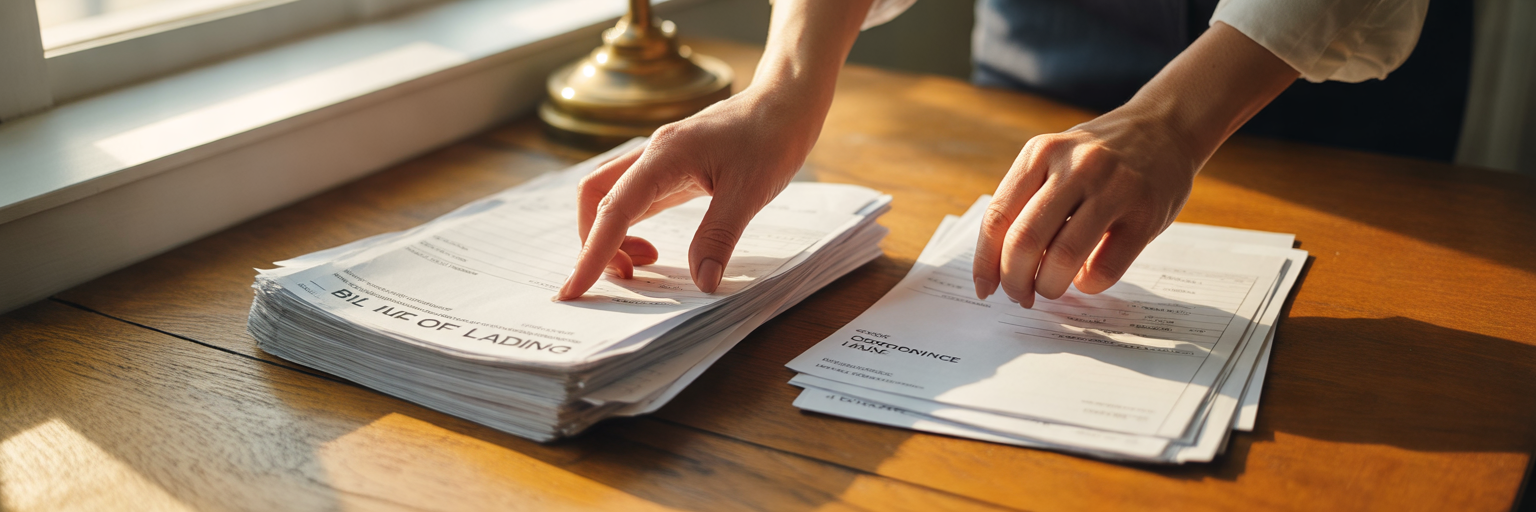 Organizing international freight shipping documents.