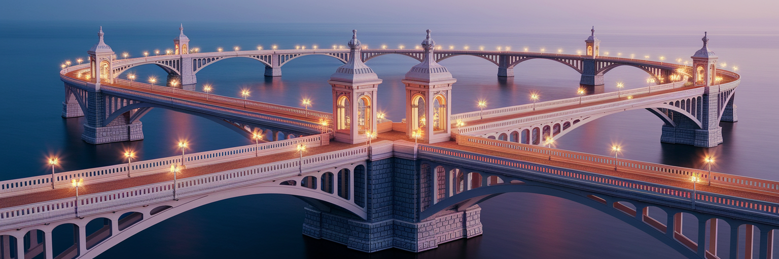 Ornate bridges connecting landmasses symbolizing legal data transfer.