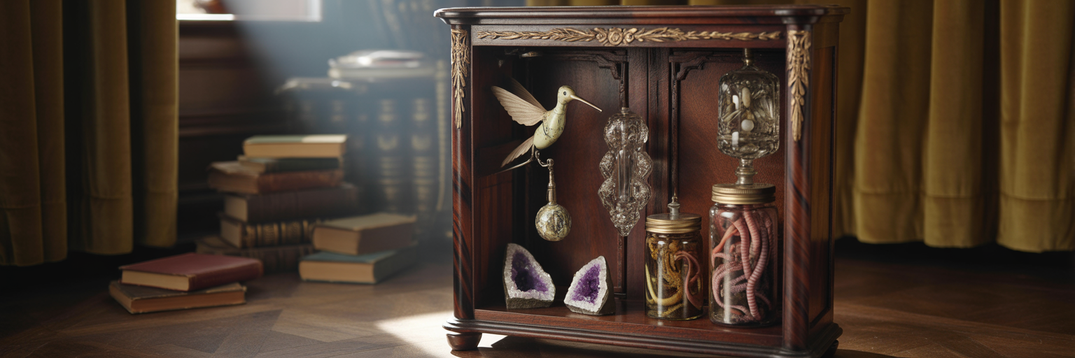 Ornate cabinet filled with strange objects