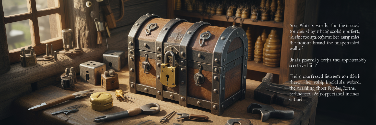 Ornate locked chest in a workshop.