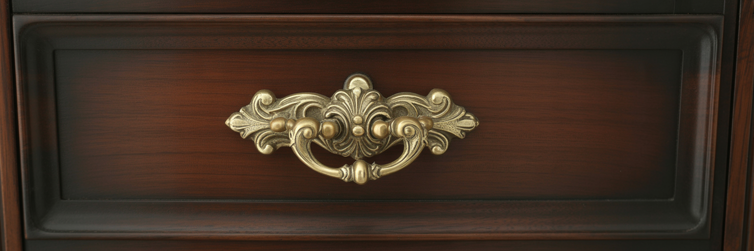 Ornate Victorian brass drawer pull on wood