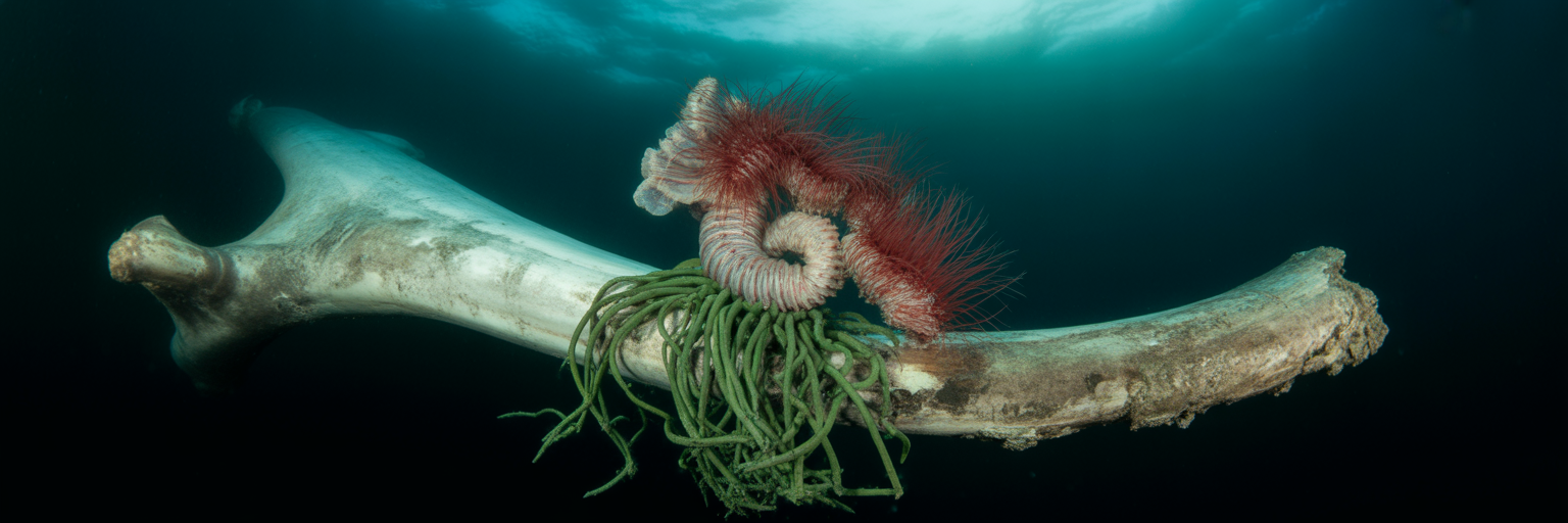 Osedax worm plumes and roots on whale bone
