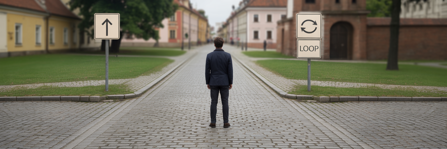 Osoba na rozdrożu wybierająca ścieżkę proceduralną.