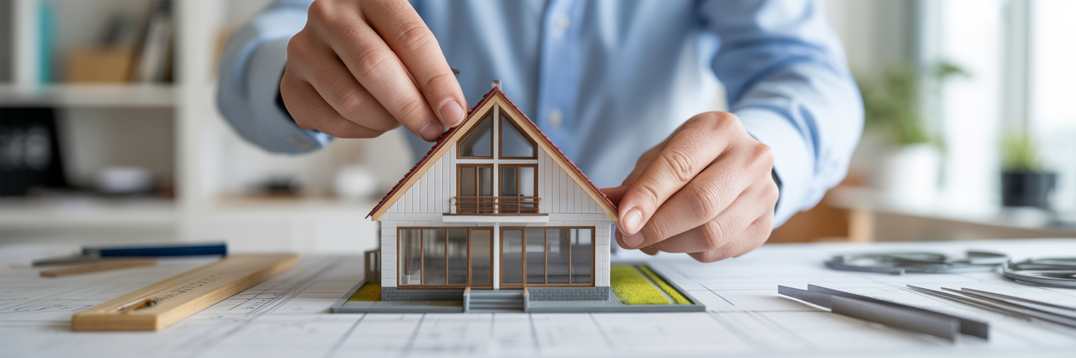 Osoba precyzyjnie składa model architektoniczny domu.
