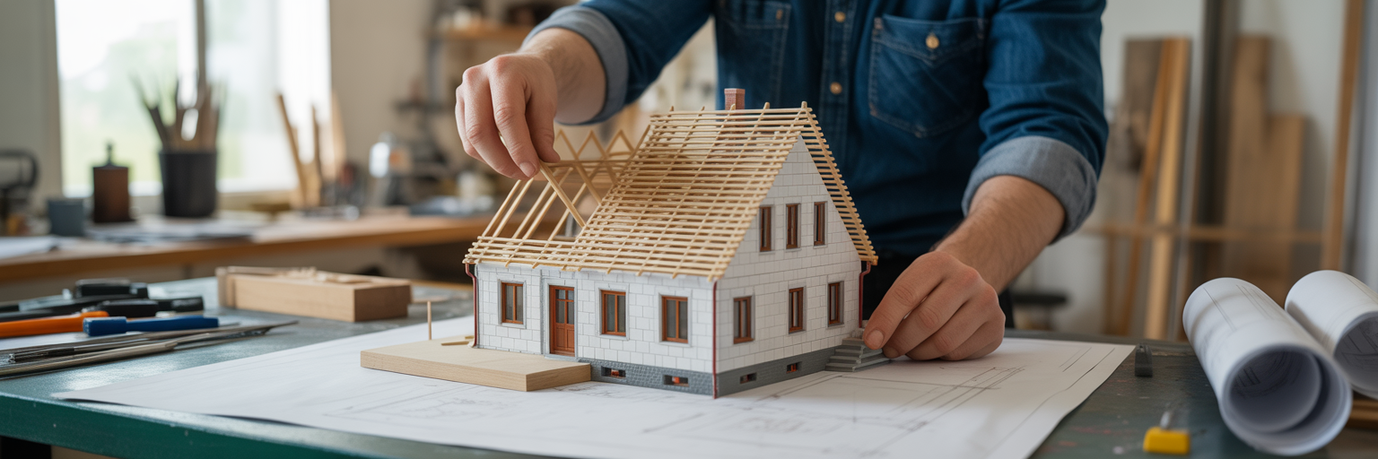 Osoba składająca model domu z niedopasowanym elementem.