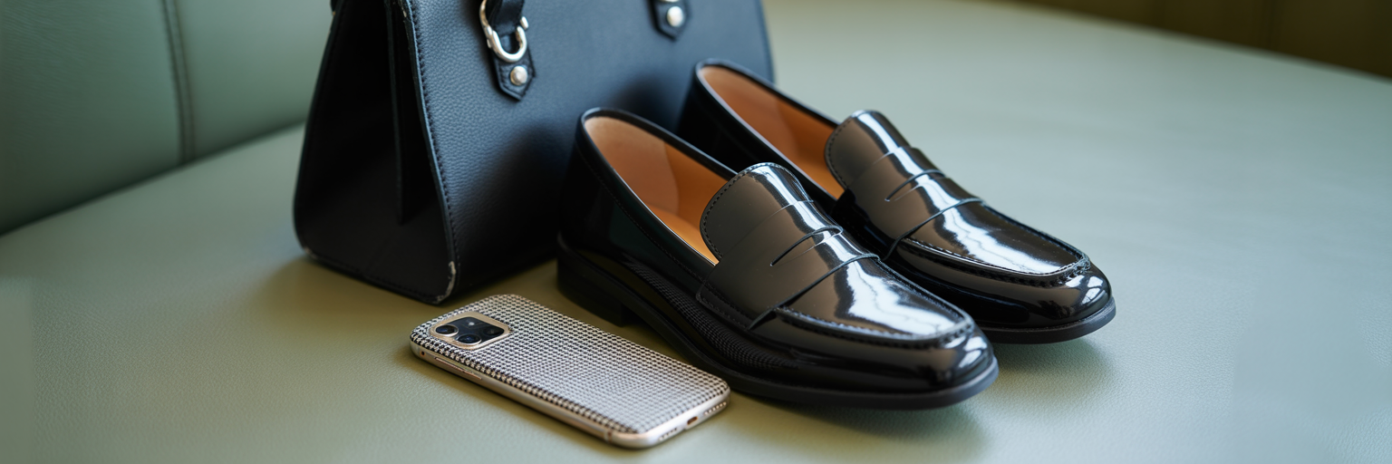 Outfit flat lay with checkered iPhone case