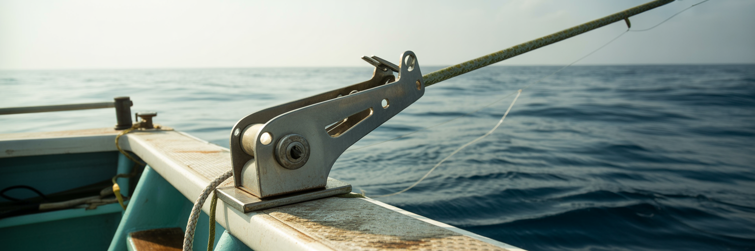 Outrigger release clip on fishing boat
