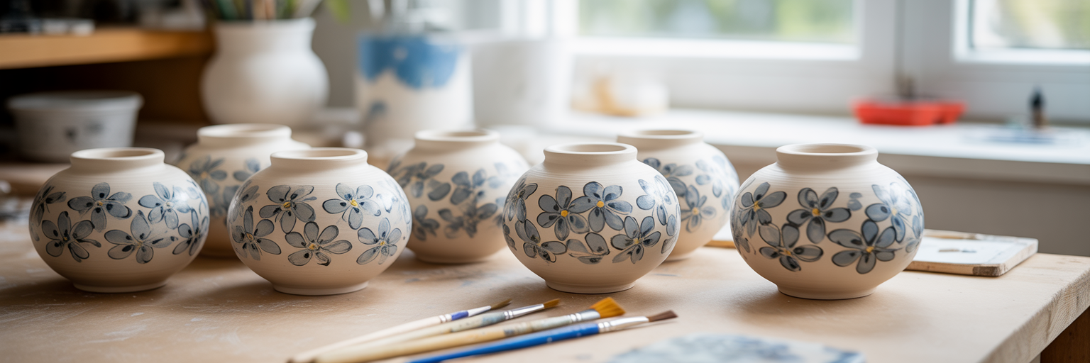 Overhead view of ceramic pots being batch-painted.