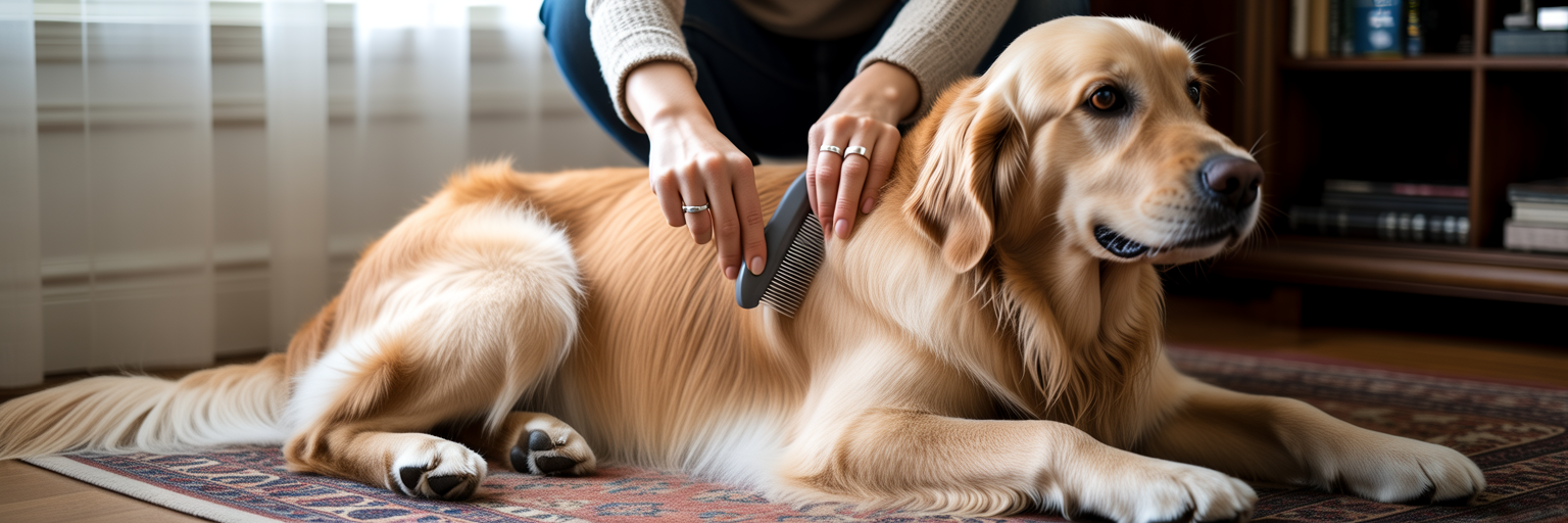 Owner brushing a double-coated dog at home.