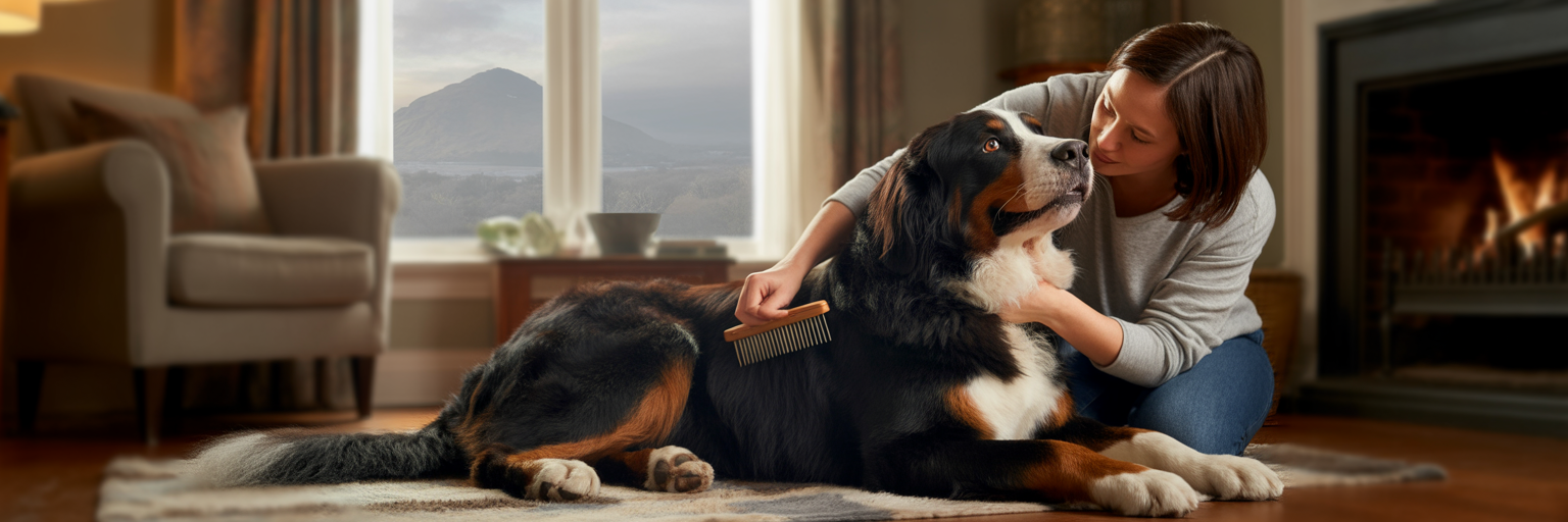 Owner brushing thick-coated dog at home