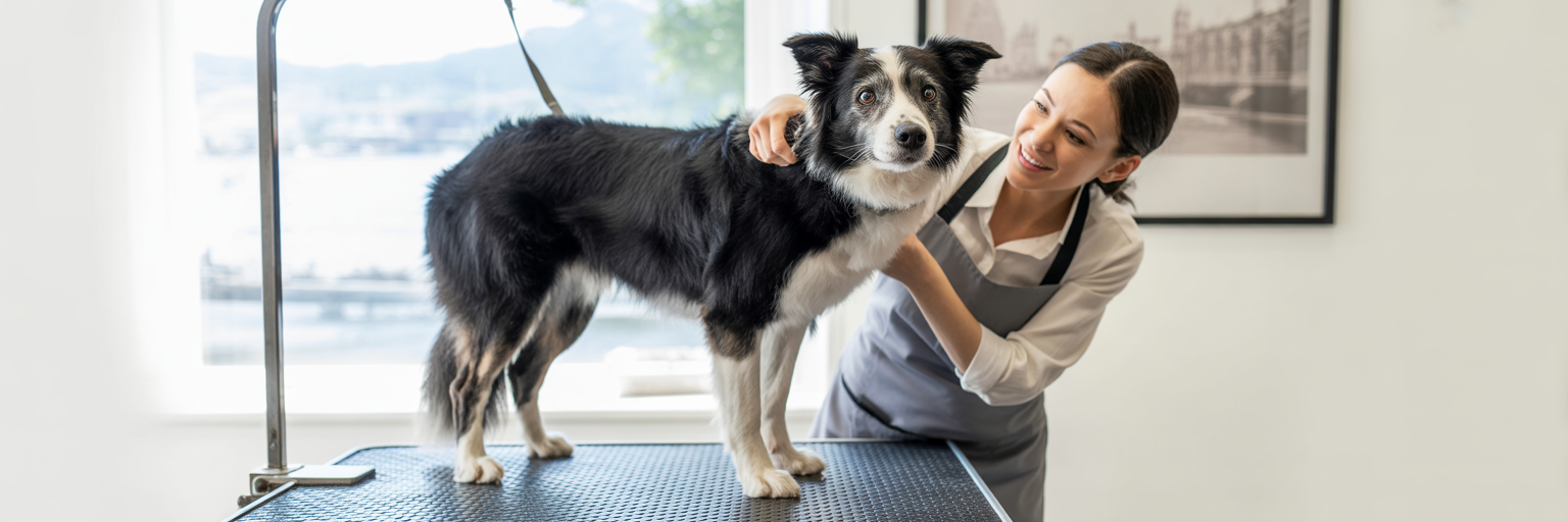 Owner consulting a professional dog groomer in Dundee.