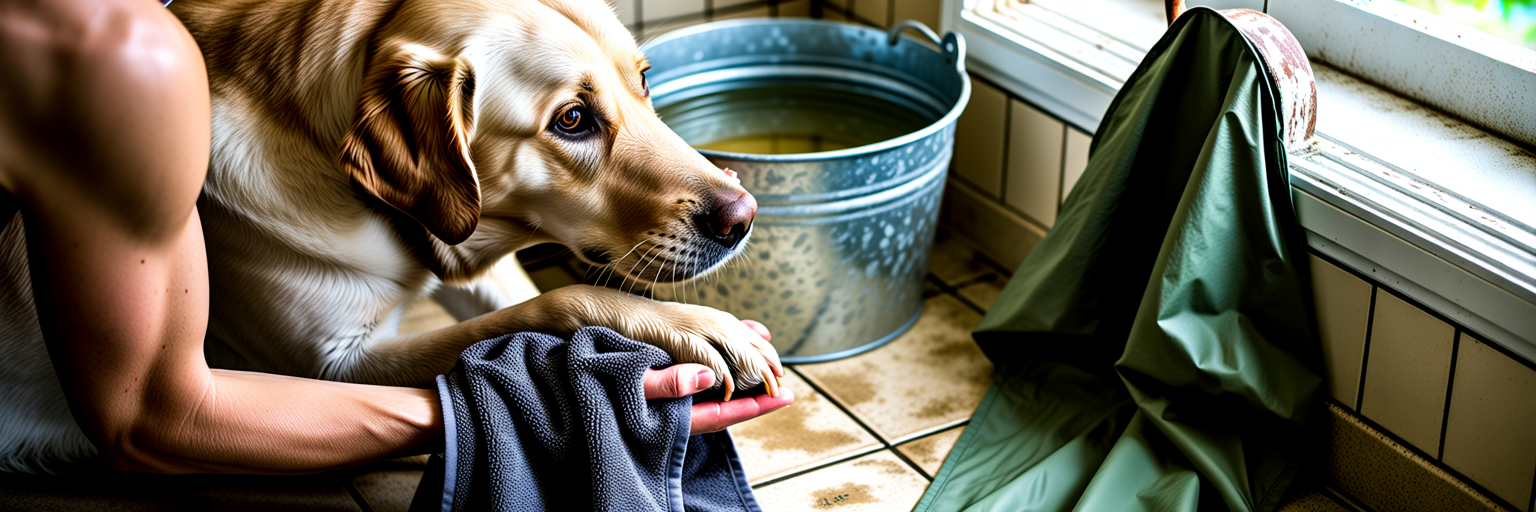 Owner drying a muddy dog's paw with towel.