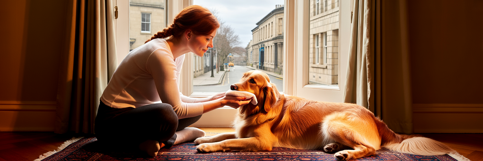 Owner gently cleaning dog's face at home.