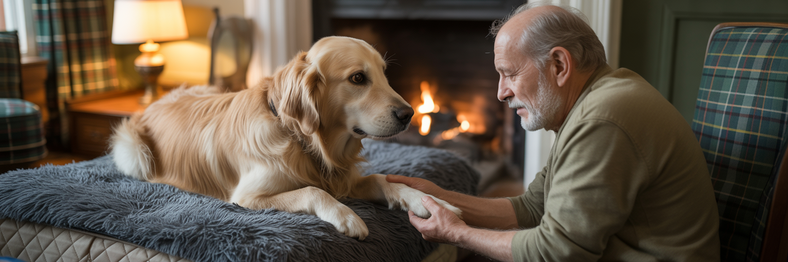 Owner gently massaging a senior dog's paw.