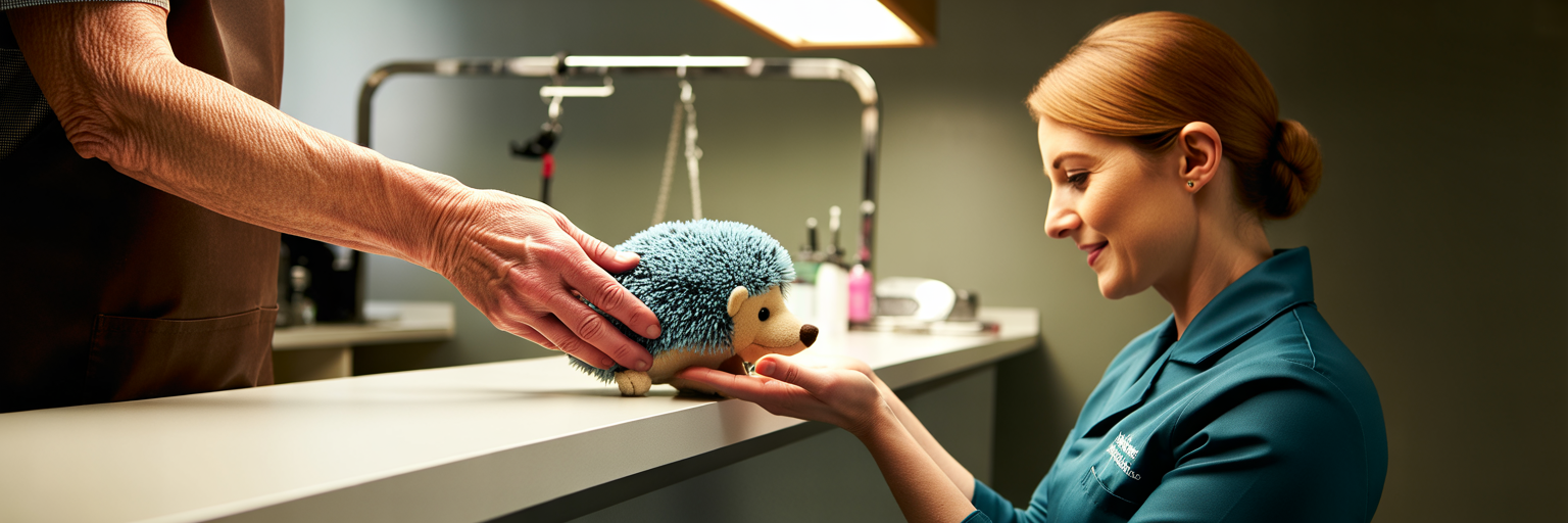 Owner giving dog toy to groomer.