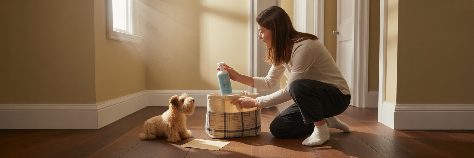 Owner packing a bag for dog's grooming.
