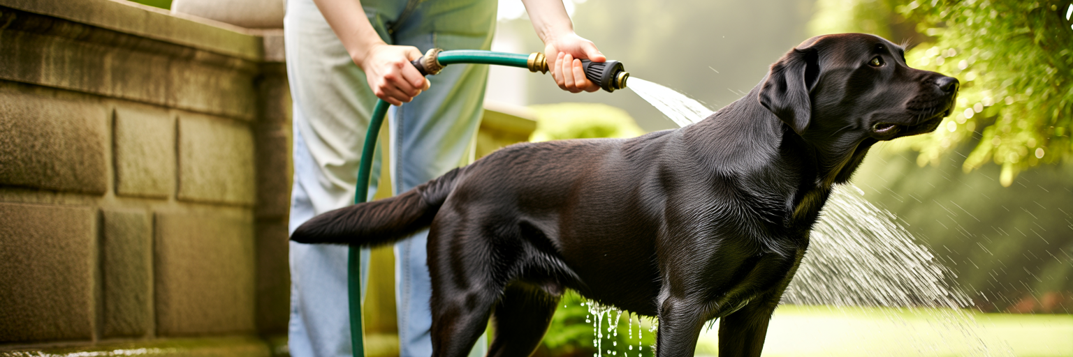 Owner rinsing a dog after a walk.