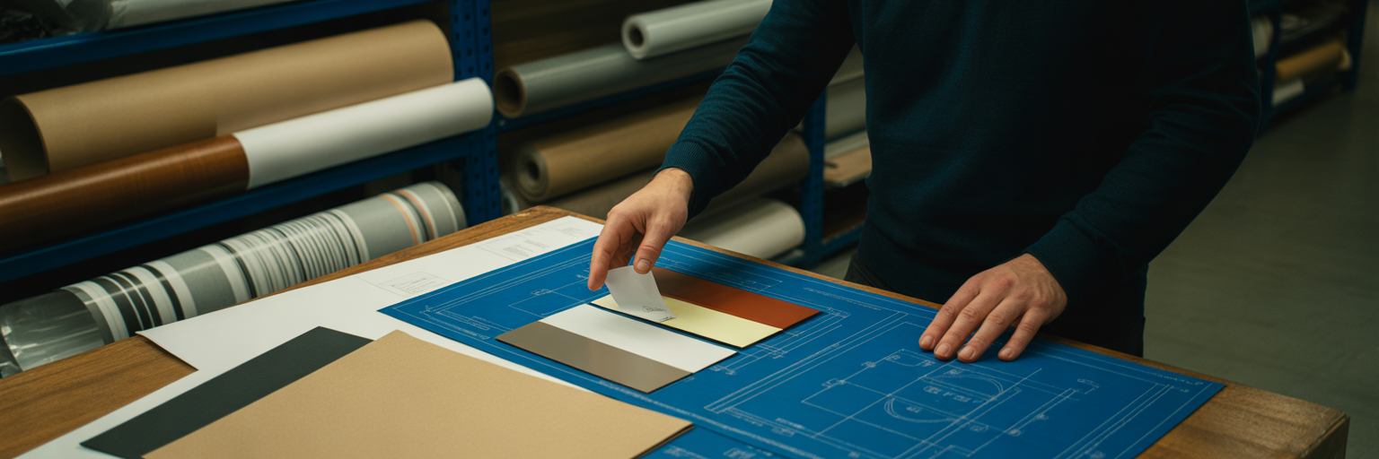 Packaging designer selecting compliant materials.