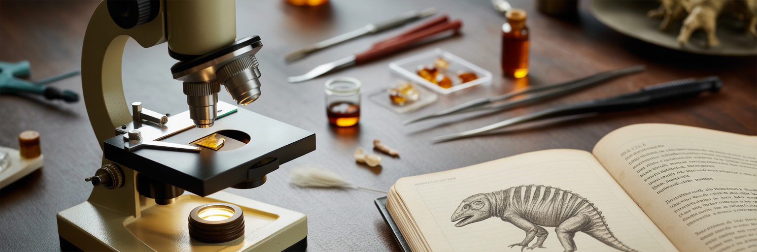 Paleontology lab with microscope and tardigrade sketches.