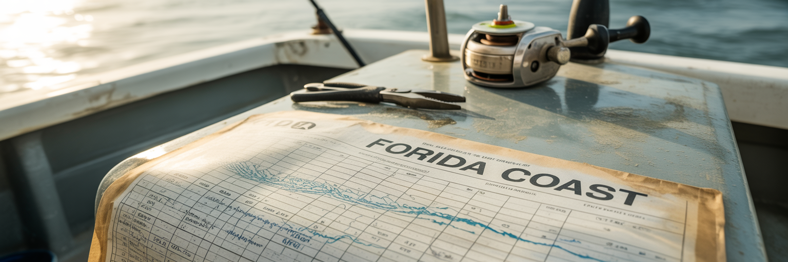 Paper fishing tide chart on boat console.