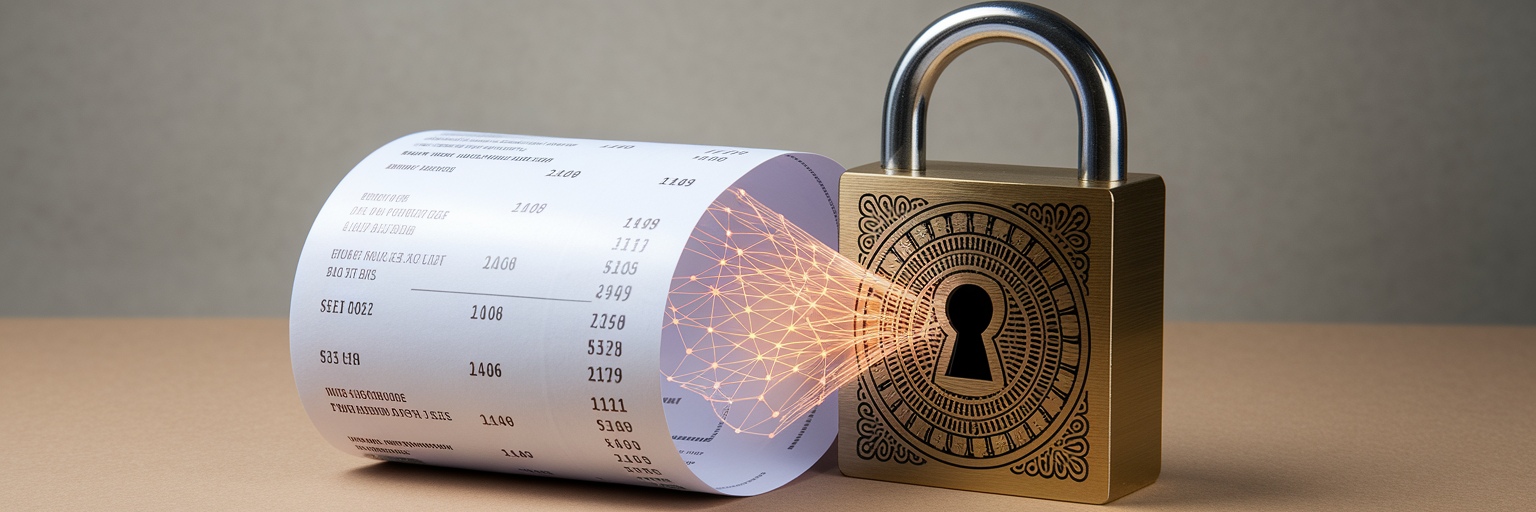 Paper receipt transforming into an encrypted pattern.