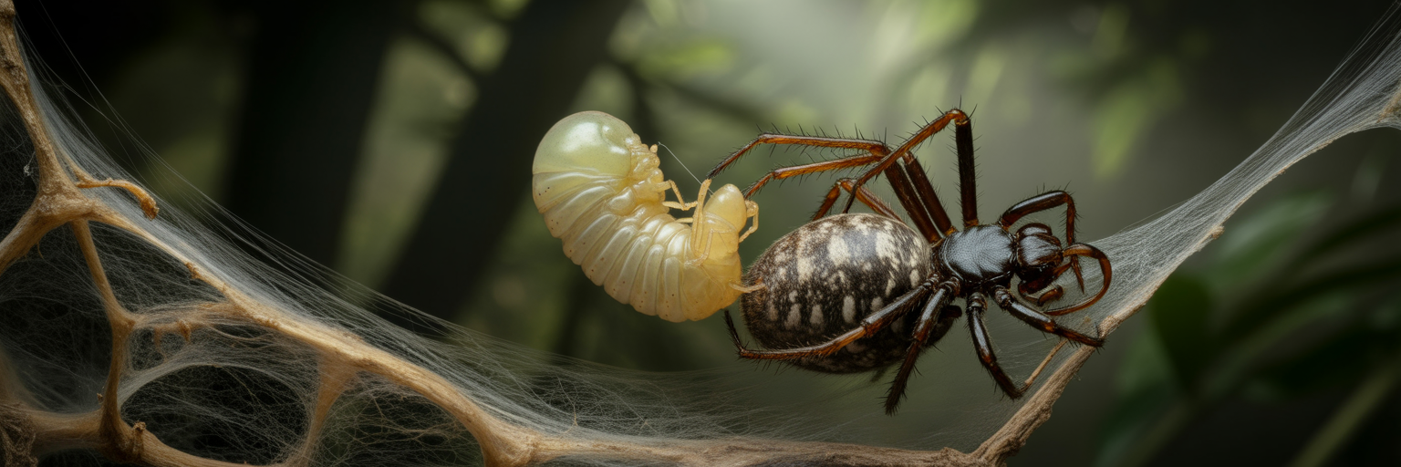Parasitoid wasp larva on spider's abdomen