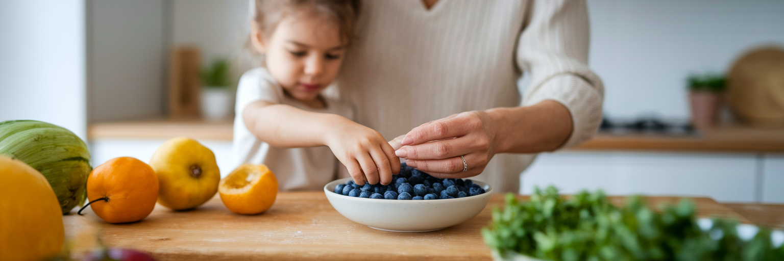 Parent and child preparing healthy food together.