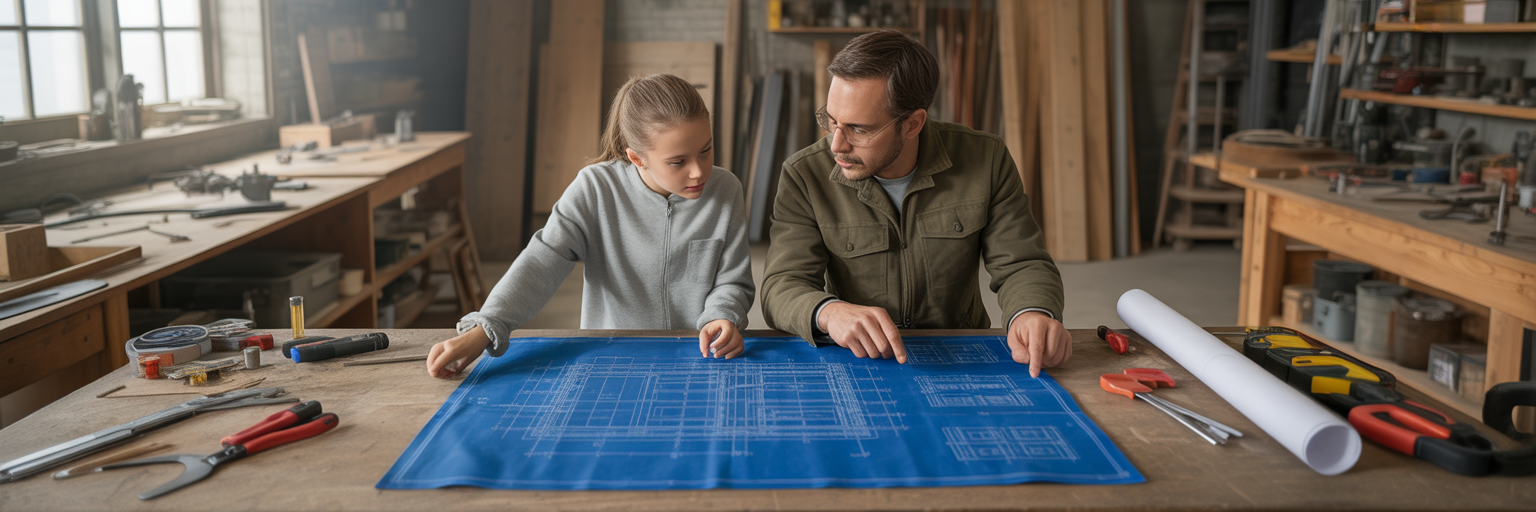 Parent and child reviewing educational blueprints.