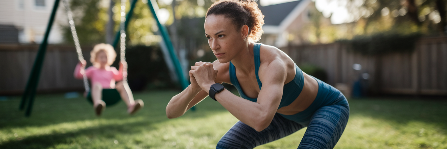 Parent exercising at home with child playing.