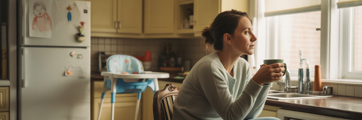 Parent finding a quiet moment at home.