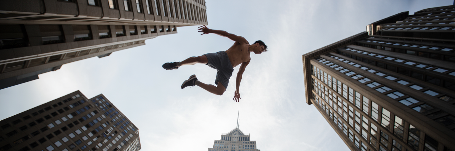 Parkour athlete jumping between urban buildings.