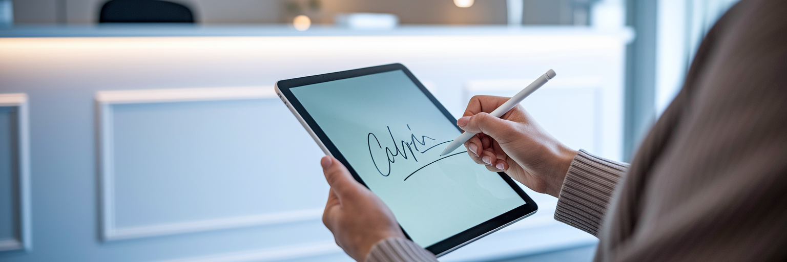 Patient providing digital consent at clinic reception.