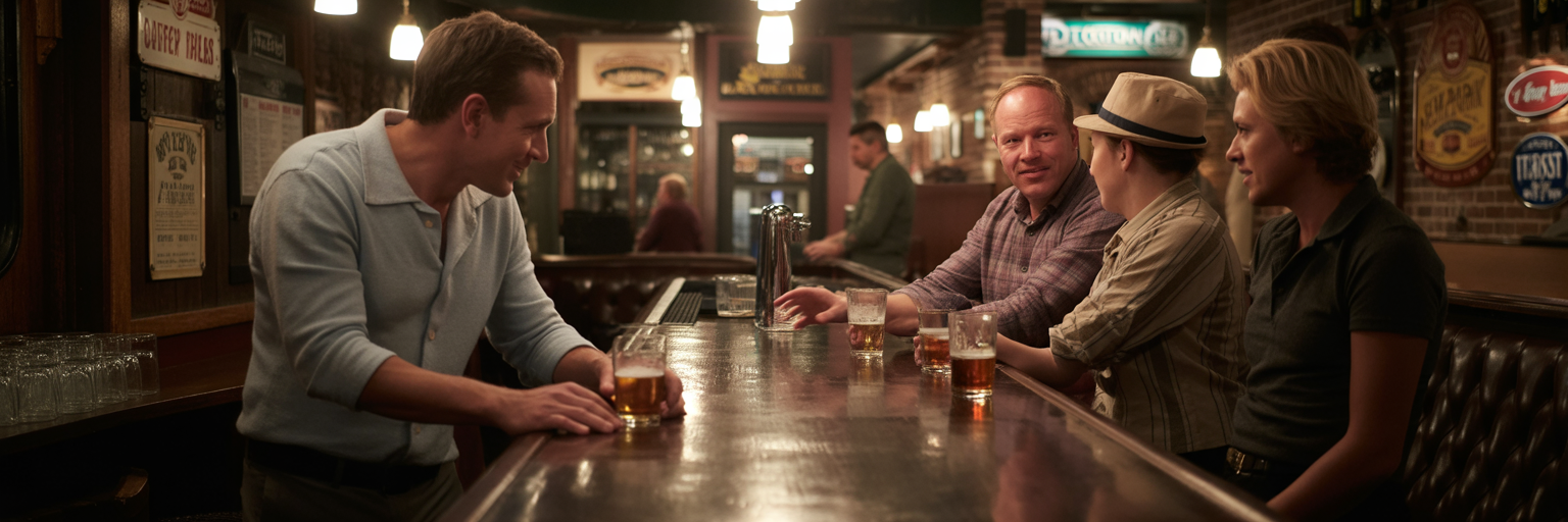 Patrons talking at a historic wooden bar.