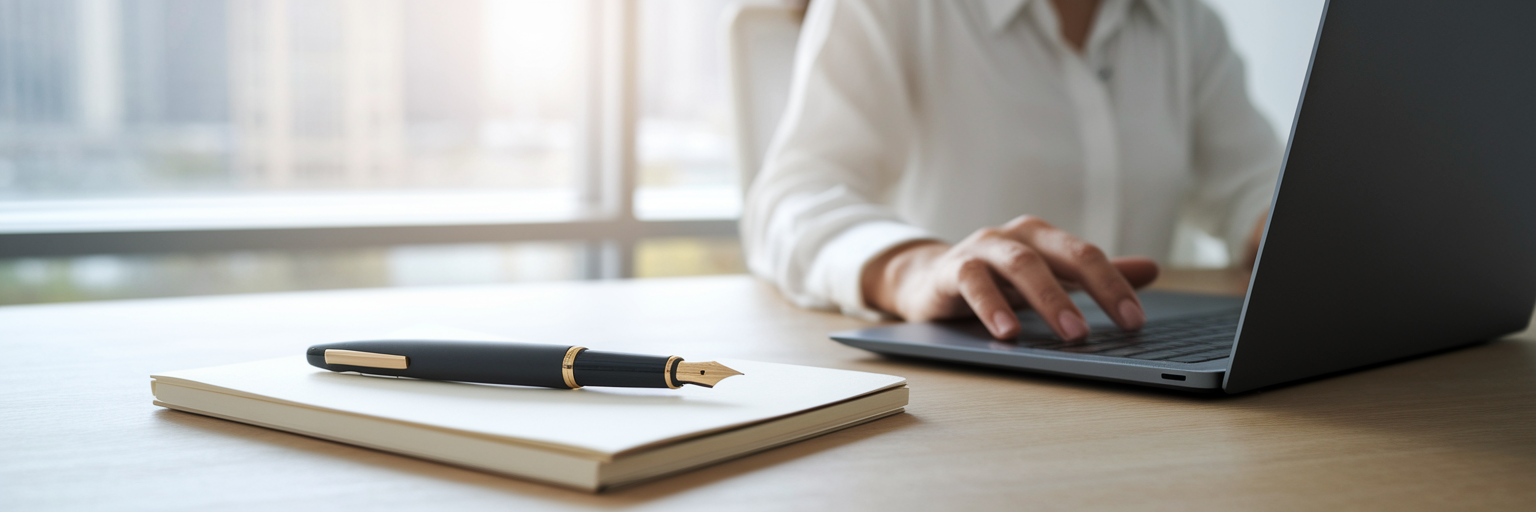 Pen and notebook beside laptop on desk.
