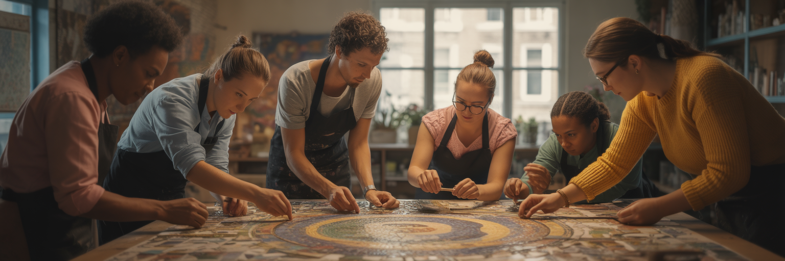 People collaborating on a large mosaic.