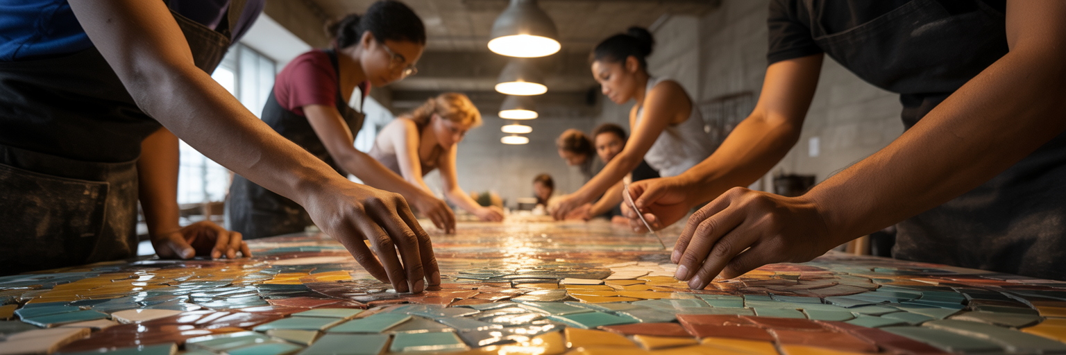 People collaboratively creating a mosaic together.