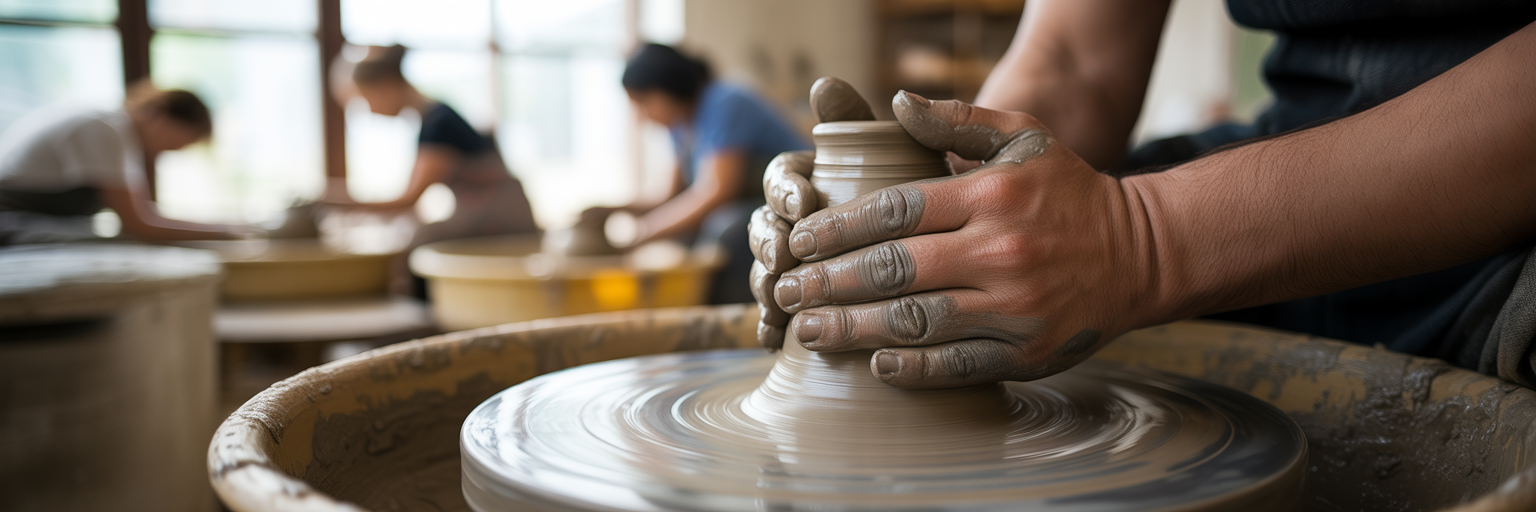 People focused on pottery in a studio.