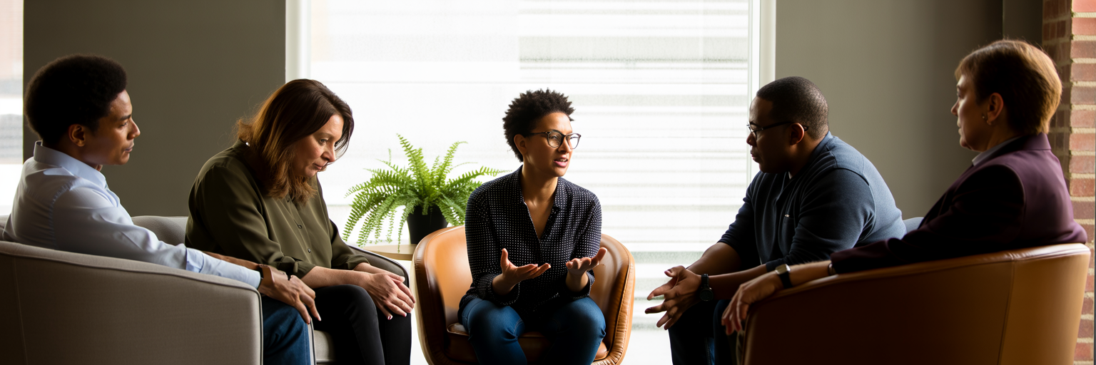 People in a supportive group discussion circle.