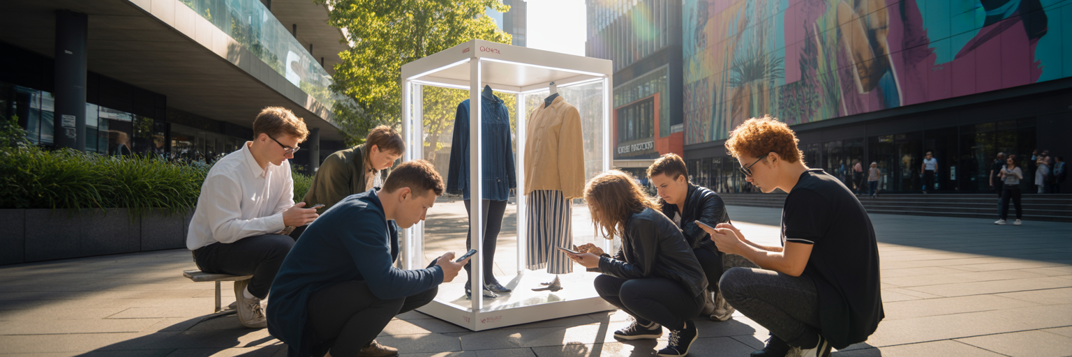 People using augmented reality at brand pop-up.