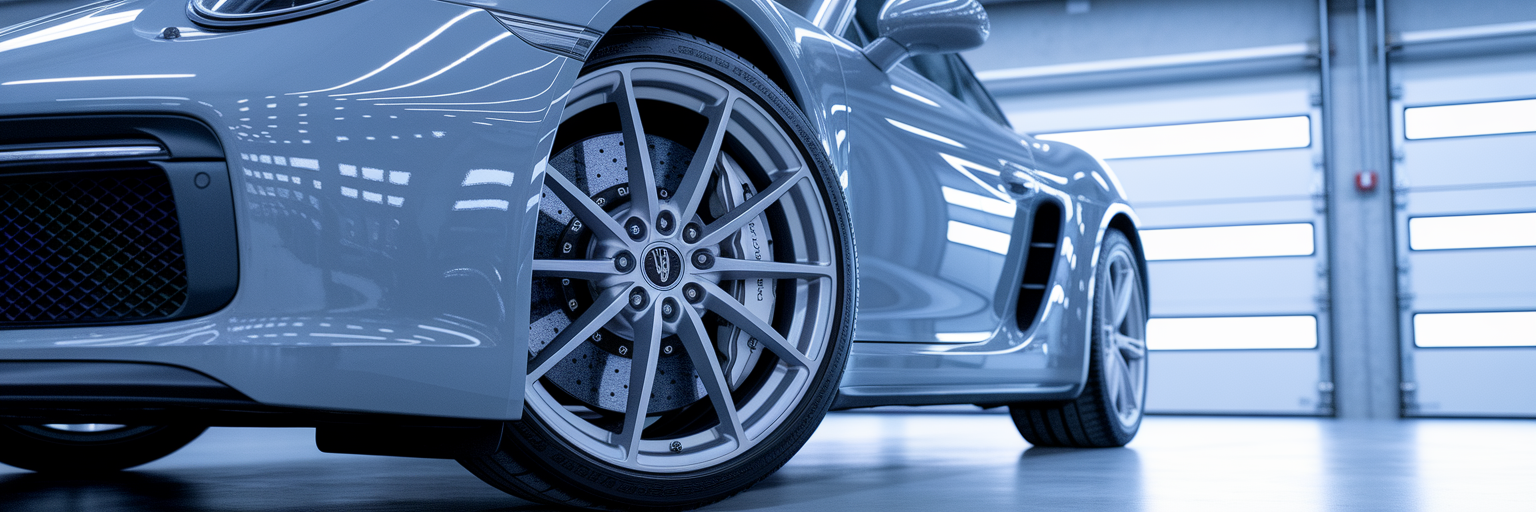 Performance car wheel and brake caliper.