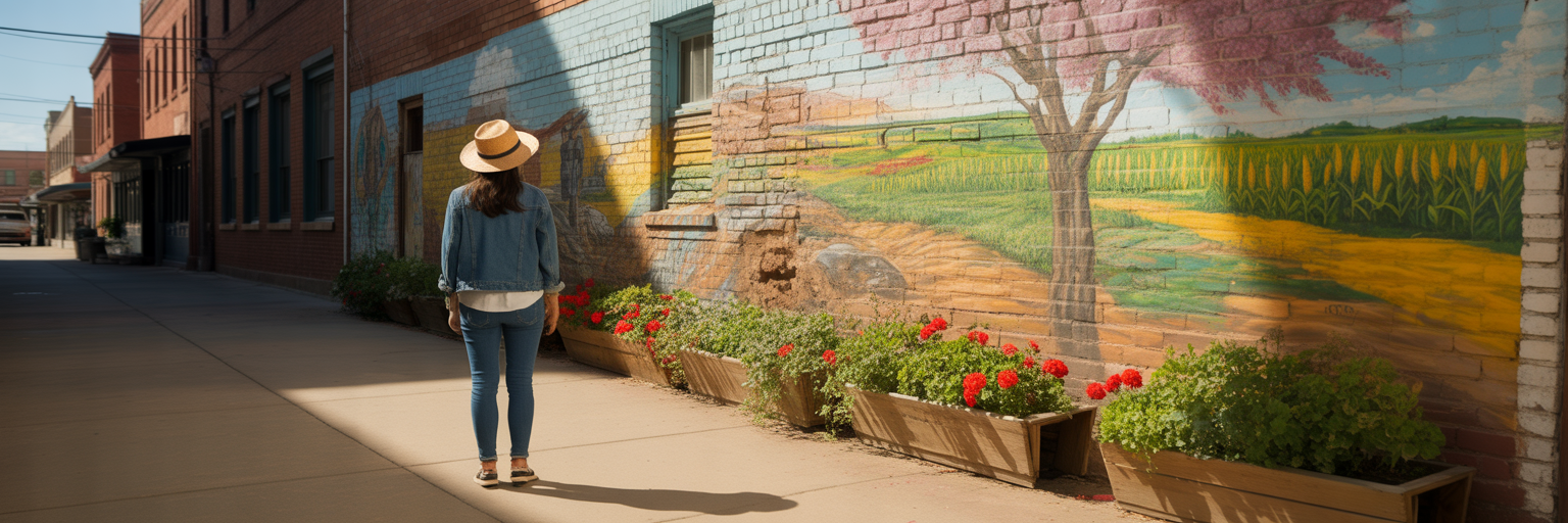 Person admiring a colorful mural in a Pueblo alleyway.