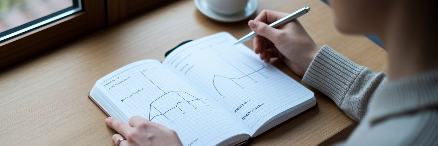 Person analyzing hand-drawn health trend journal.