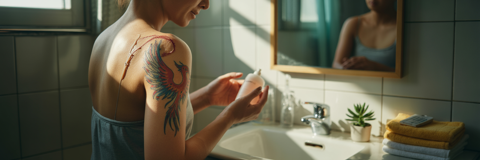 Person applying aftercare balm to new tattoo.