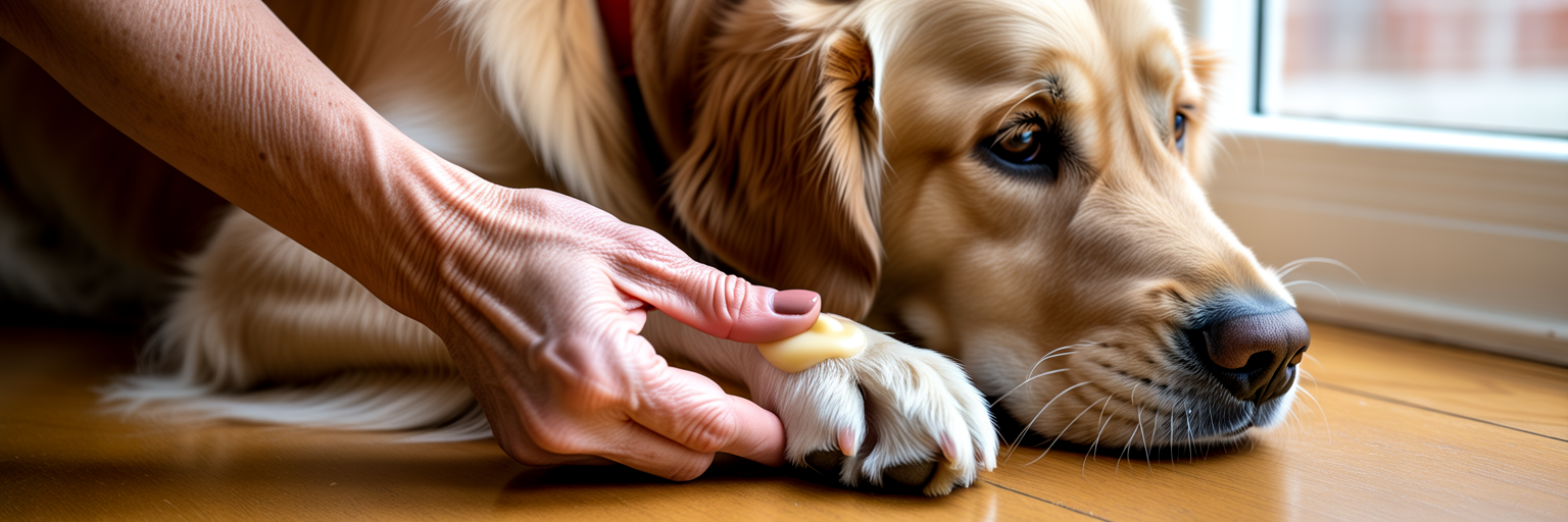 Person applying healing balm to dog's paw.