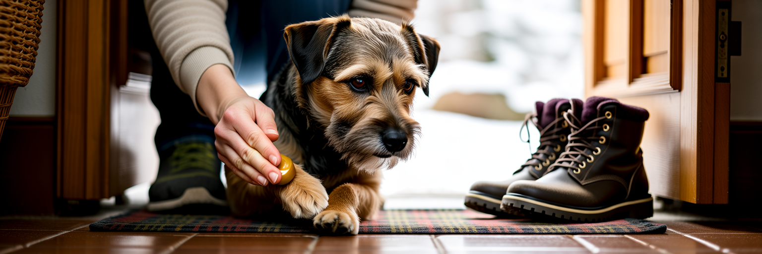 Person applying protective paw balm to dog's pads.