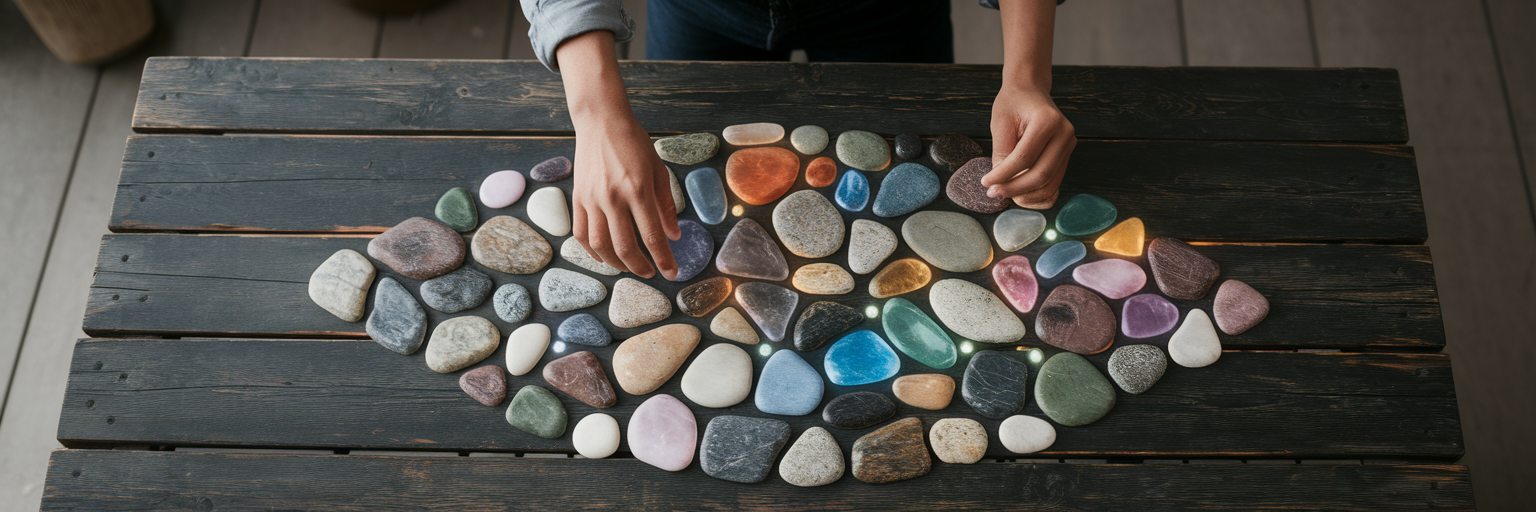 Person arranging a glowing mosaic.