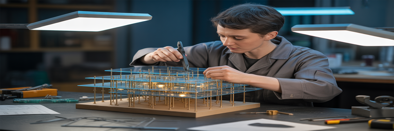 Person assembling a complex architectural model.