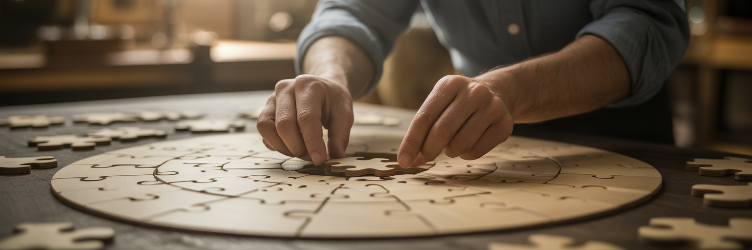 Person assembling a complex wooden puzzle.