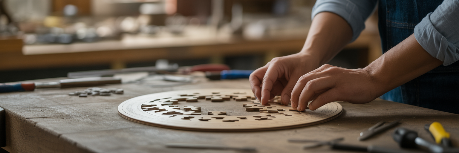 Person assembling intricate wooden puzzle.