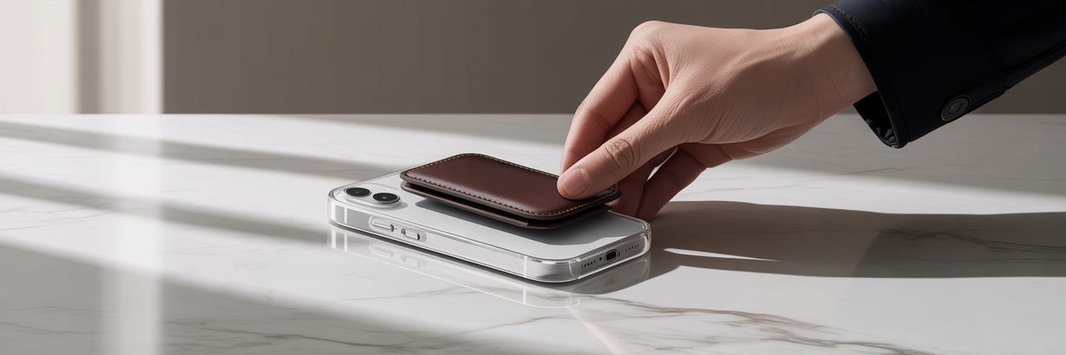 Person attaching MagSafe wallet to clear iPhone case.